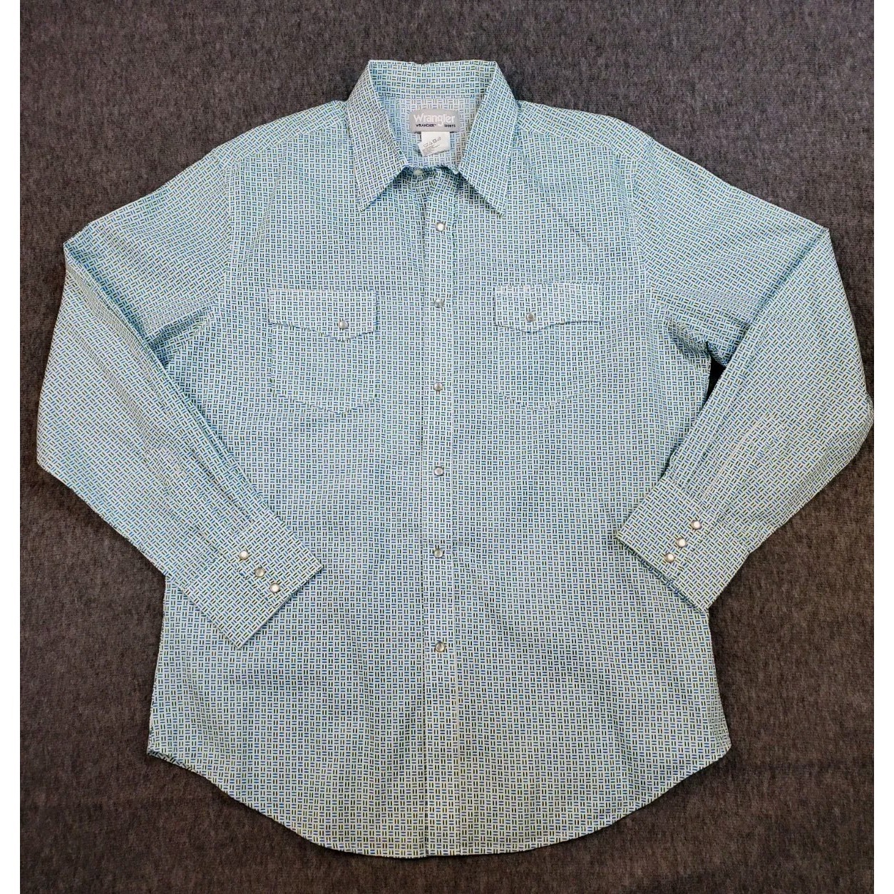 Wrangler Shirt Mens Large Geometric Green Blue Pearl Snap Western Cowboy Rancher
